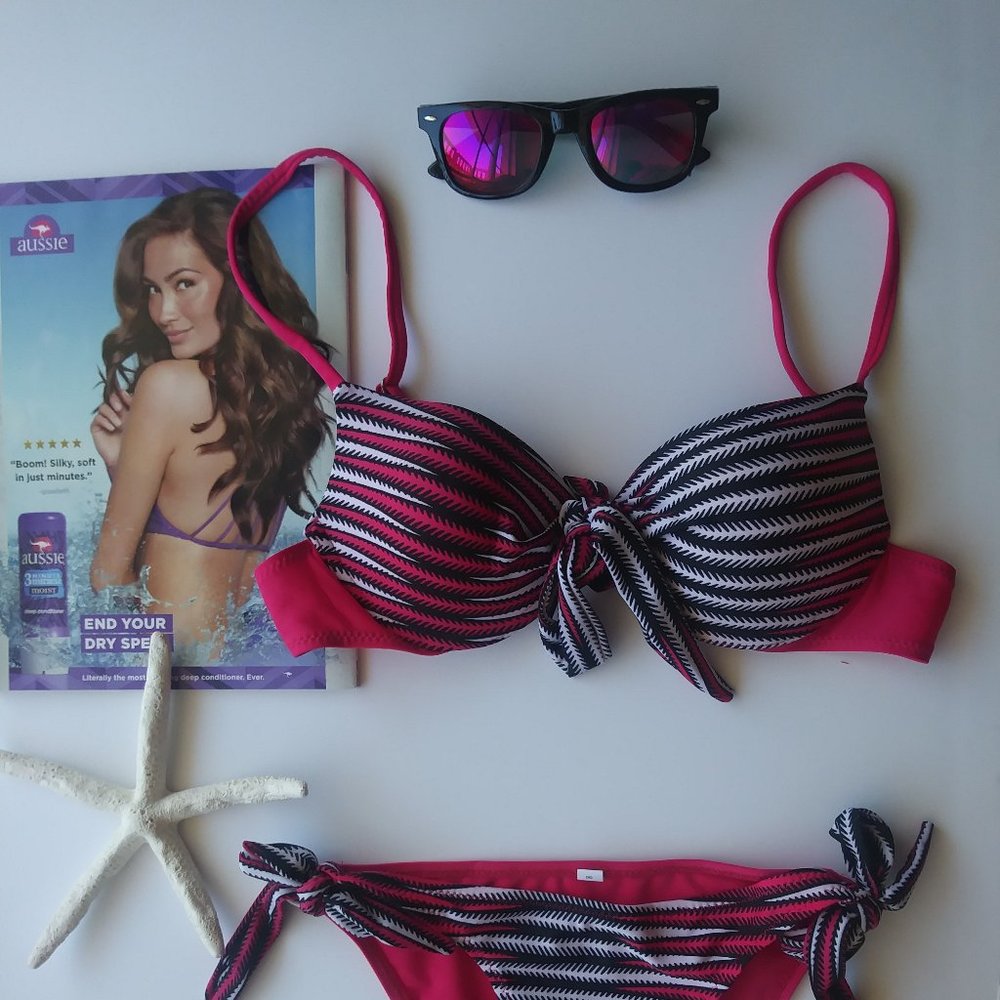 Sexy Women Push-up Bikini Set Striped Low Waist Padded Bandage Pink Swimsuit